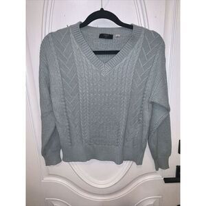 Tahari Women's Size S Sweater Cable Knit Blue Cotton Blend V‎ Neck Fisherman